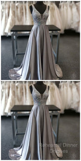 Beautiful Elegant Silver Grey Semi Formal Prom Dress,Beaded Evening Gowns,V Neck Formal Dress,Special Occasion Dress